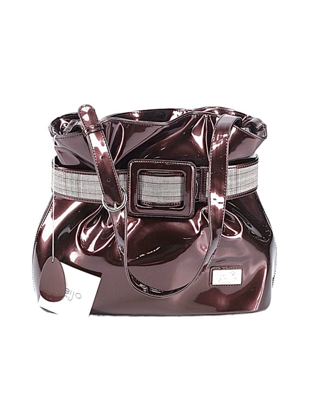 BEIJO ~ Patent Leather Shoulder Bag Metallic Plum Color w/Plaid Belt Accessory